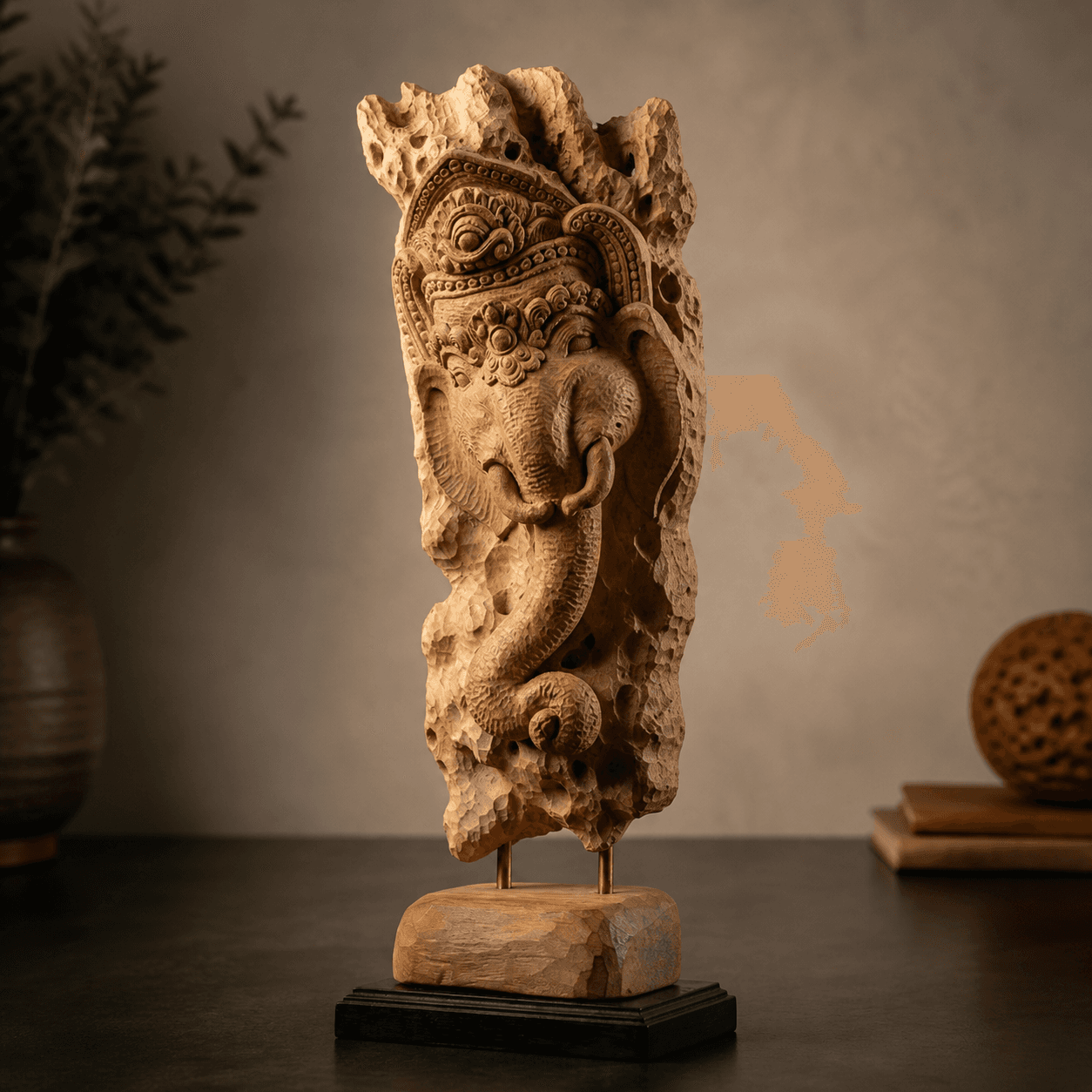 Hand-carved Wooden Ganesh Statue — view 2