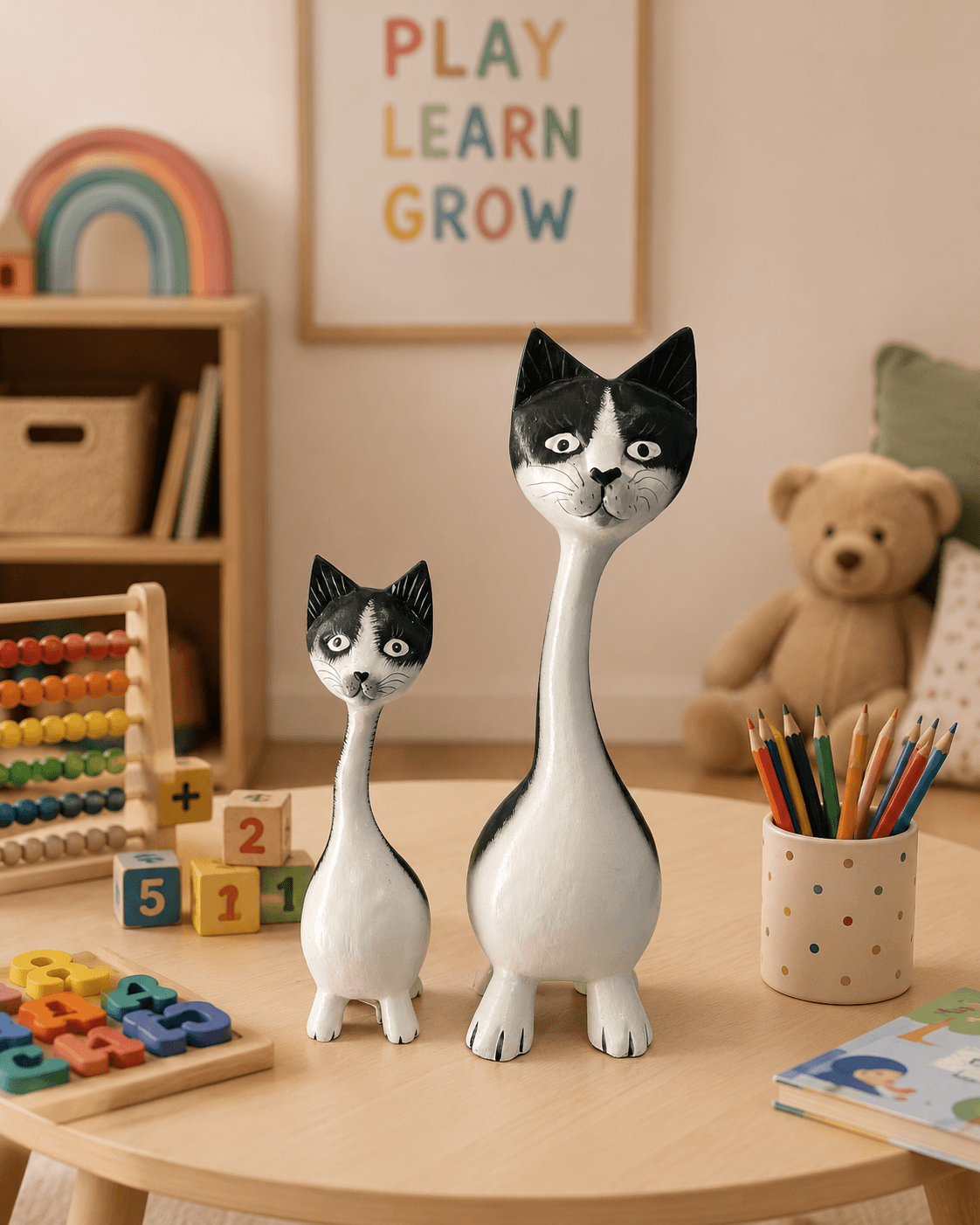 Long-Neck Cat Wooden Figurine — view 2
