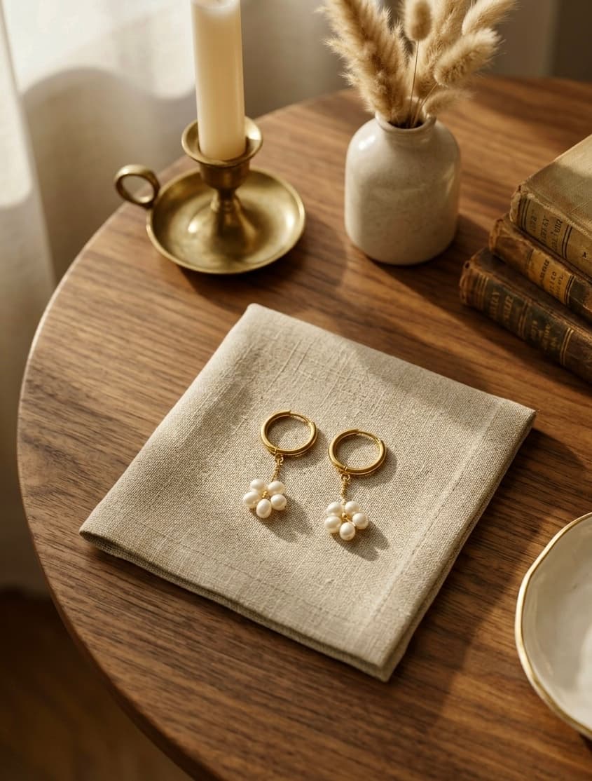 Handmade Pearl Flower Gold Hoop Earrings
