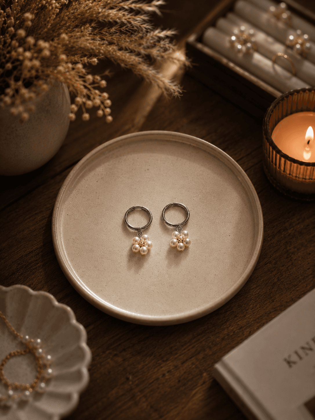 Handmade Pearl Flower Silver Hoop Earrings