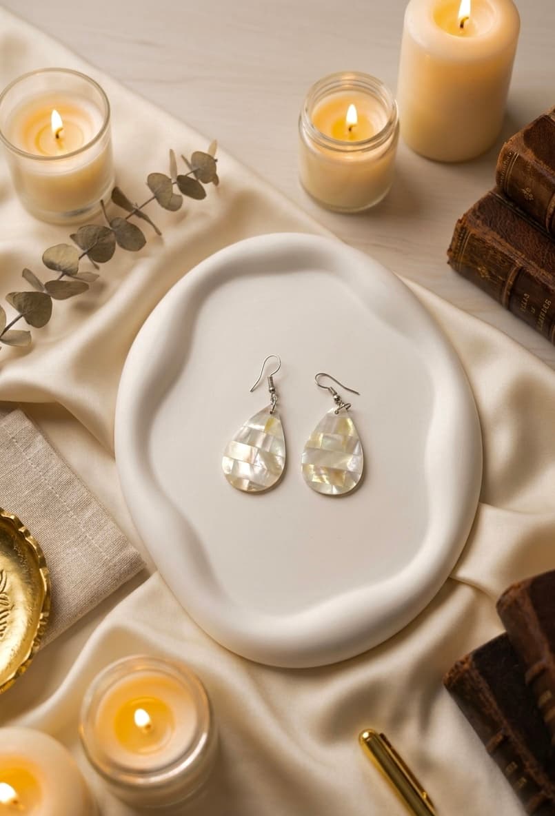 Handcrafted Mother of Pearl Mosaic Dangle Earrings — view 2