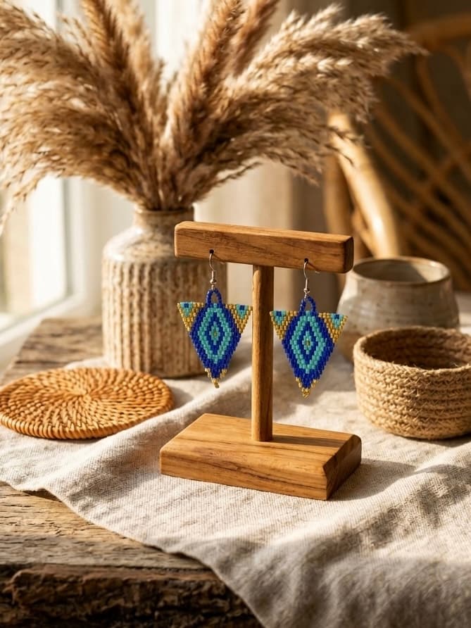Handmade Beaded Blue and Gold Geometric Triangle Earrings