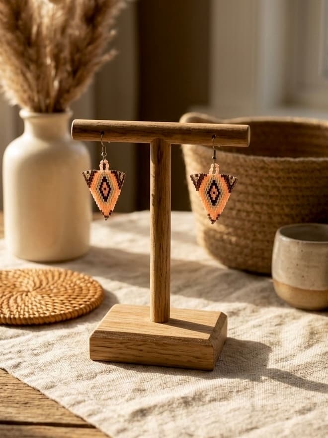 Handmade Beaded Peach and Chocolate Triangle Shield Earrings
