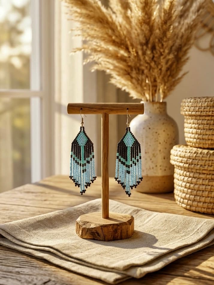 andmade Beaded Black and Sky Blue Fringe Earrings