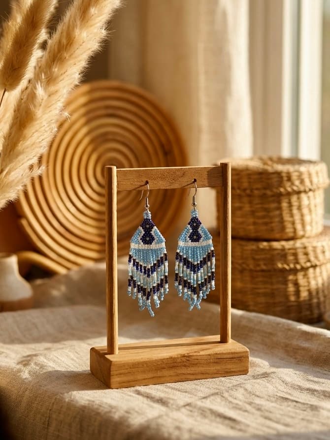 Handmade Beaded Ocean Blue Fringe Earrings