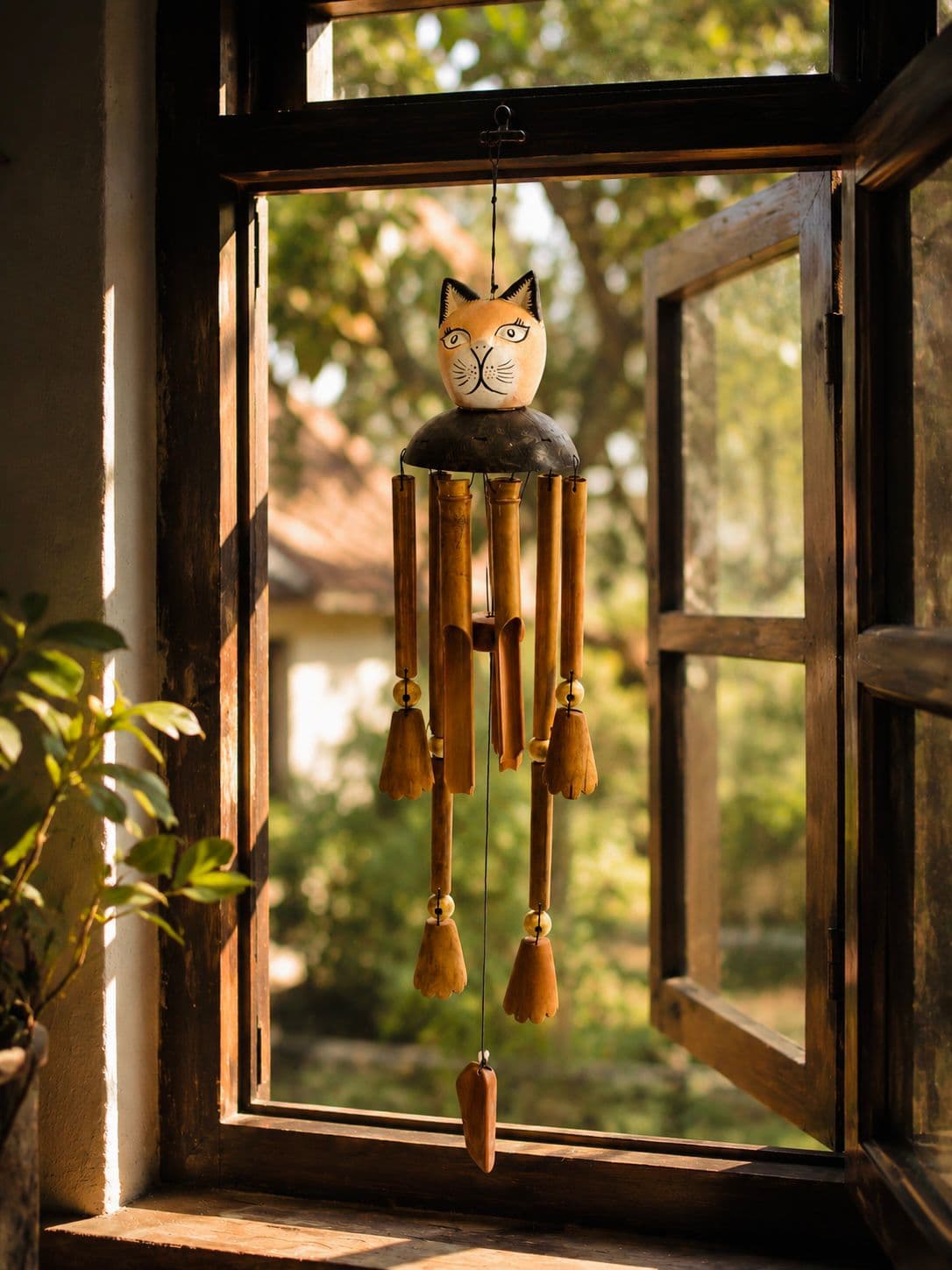 Whimsical Cat Hand-Painted Bamboo Windchime