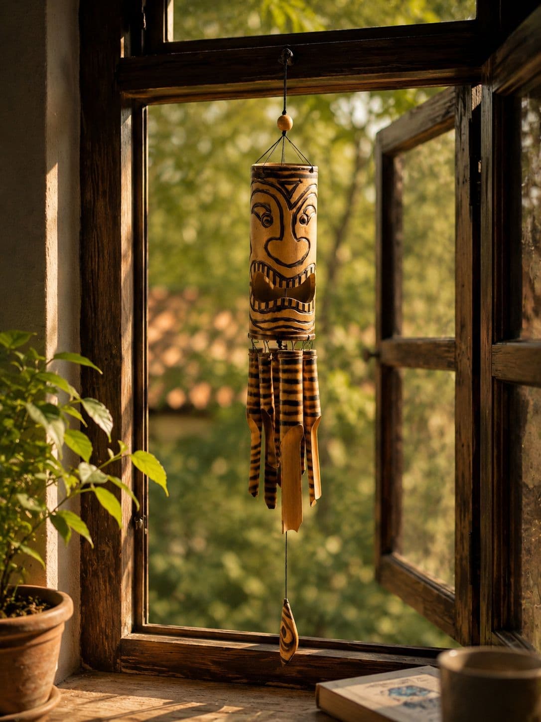Tribal Mask Hand-Carved Bamboo Windchime
