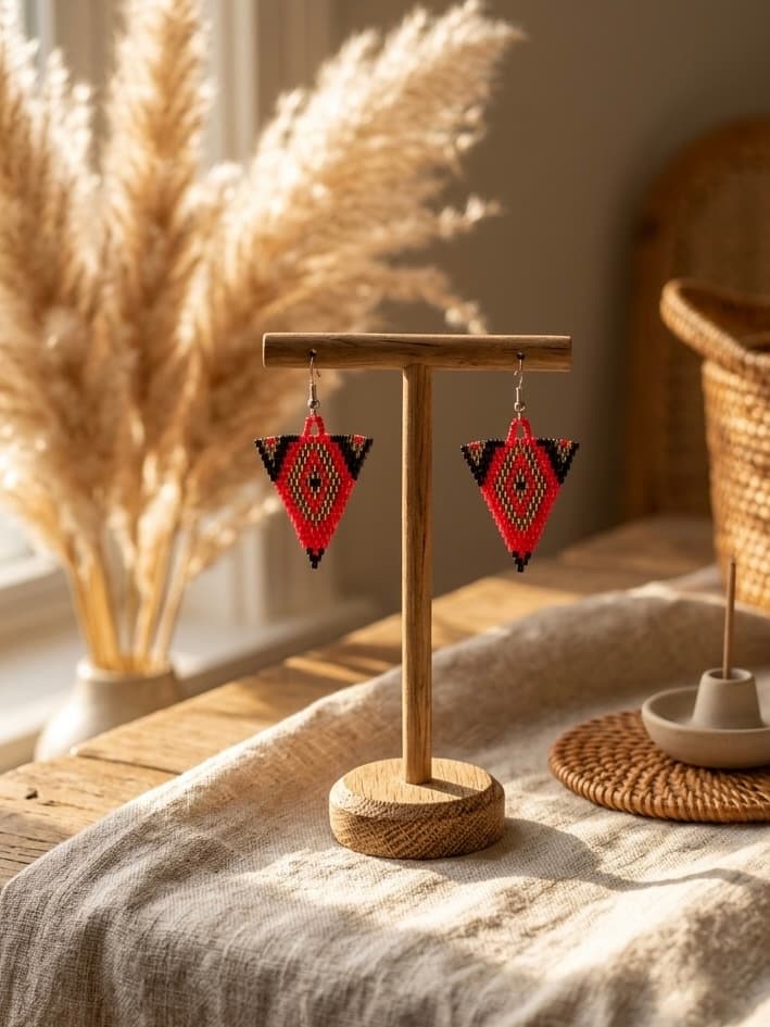 Handmade Beaded Peach and Chocolate Triangle Shield Earrings — view 2