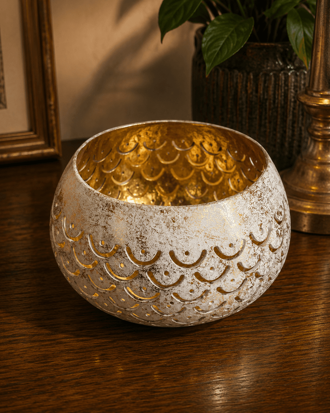Antique White & Gold Metal Cut-Out Candle Holder bowl