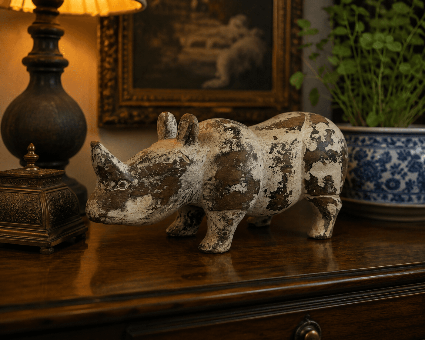 Vintage Distressed Antique White Wooden Rhinoceros Sculpture