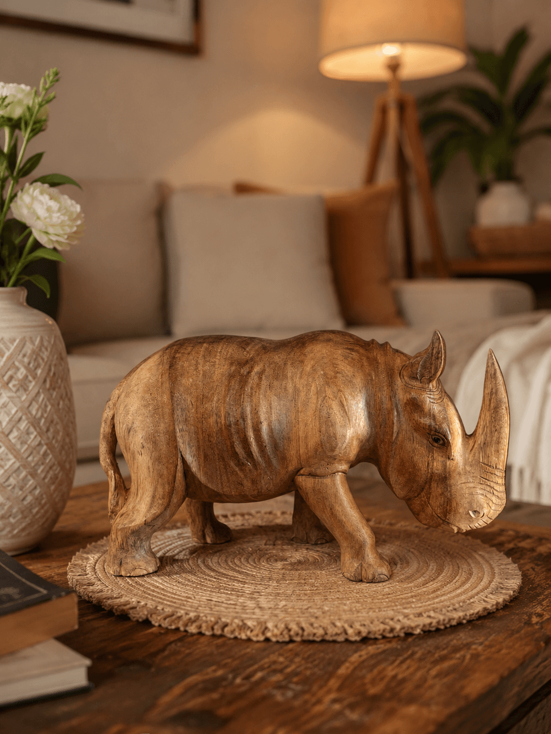 Hand-Carved Grazing Wooden Rhinoceros Sculpture