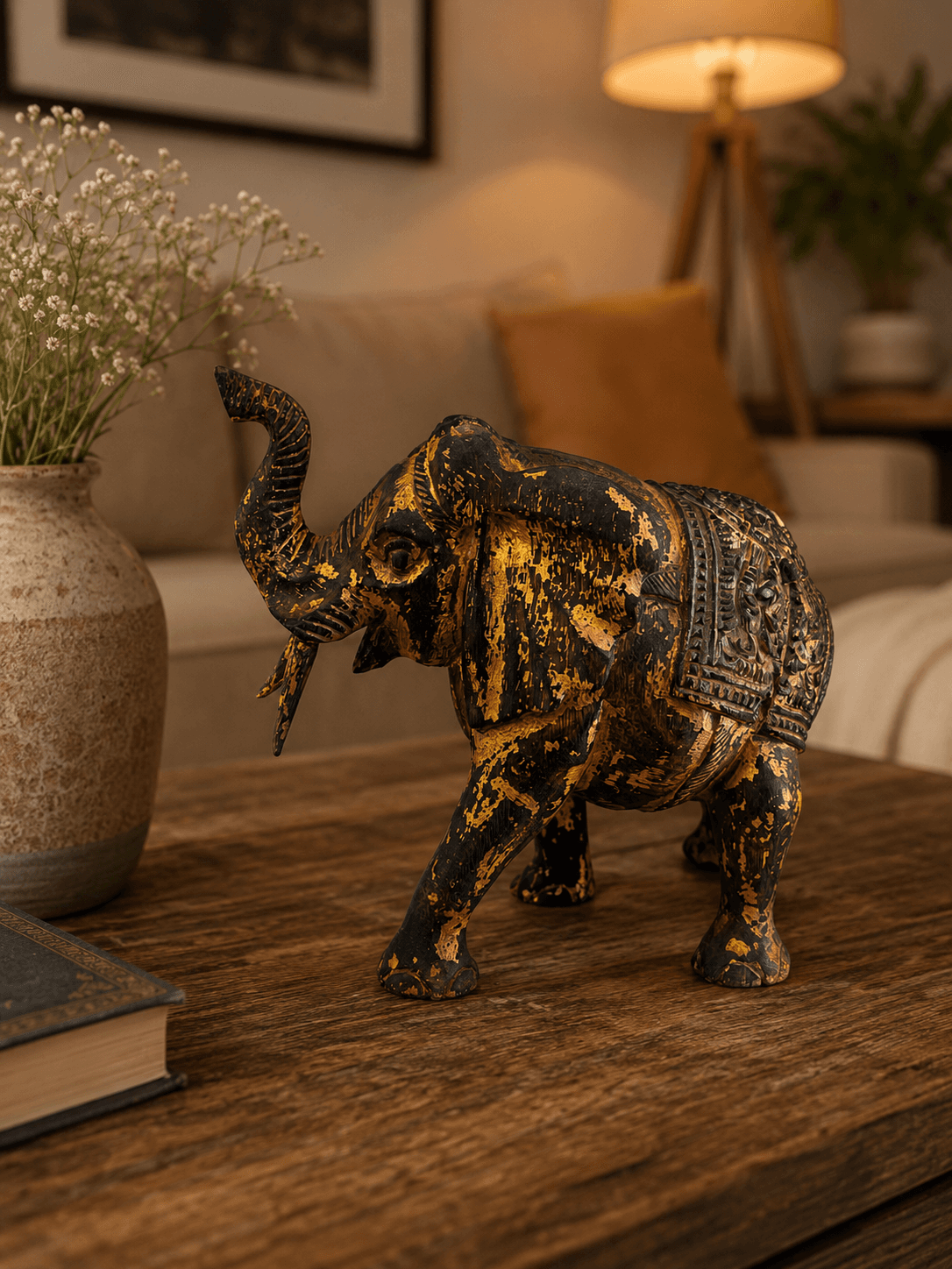 Royal Distressed Antique Gold and Black Wooden Elephant Sculpture
