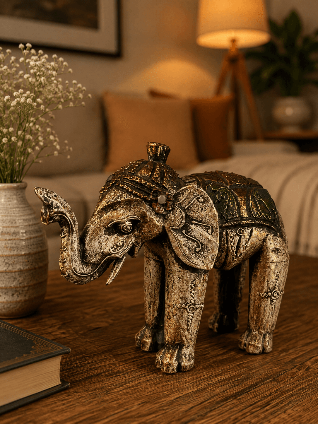 Imperial Ceremonial Jeweled Wooden Elephant Sculpture