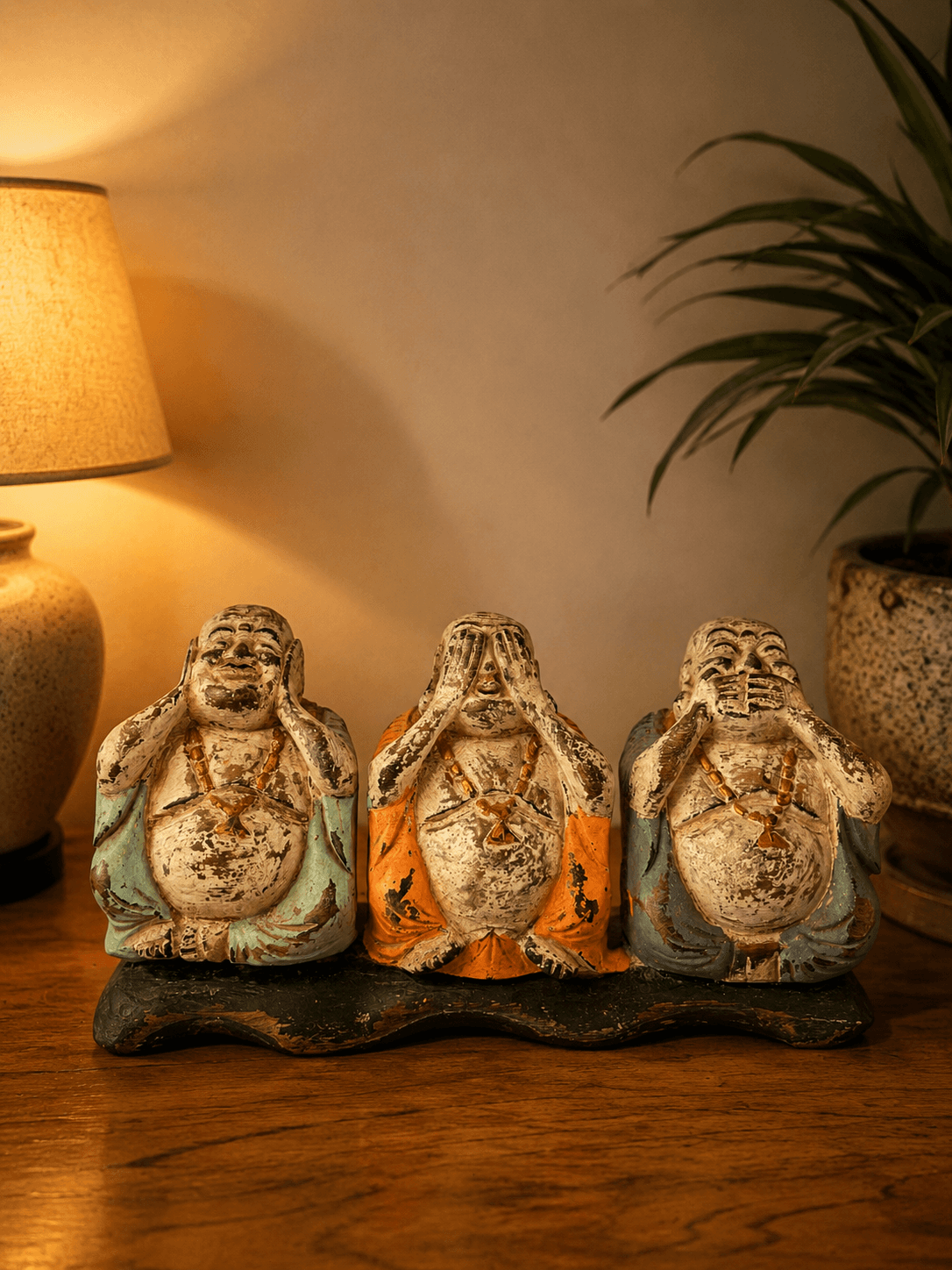Hand-Carved Vintage Distressed Three Wise Monks Sculpture