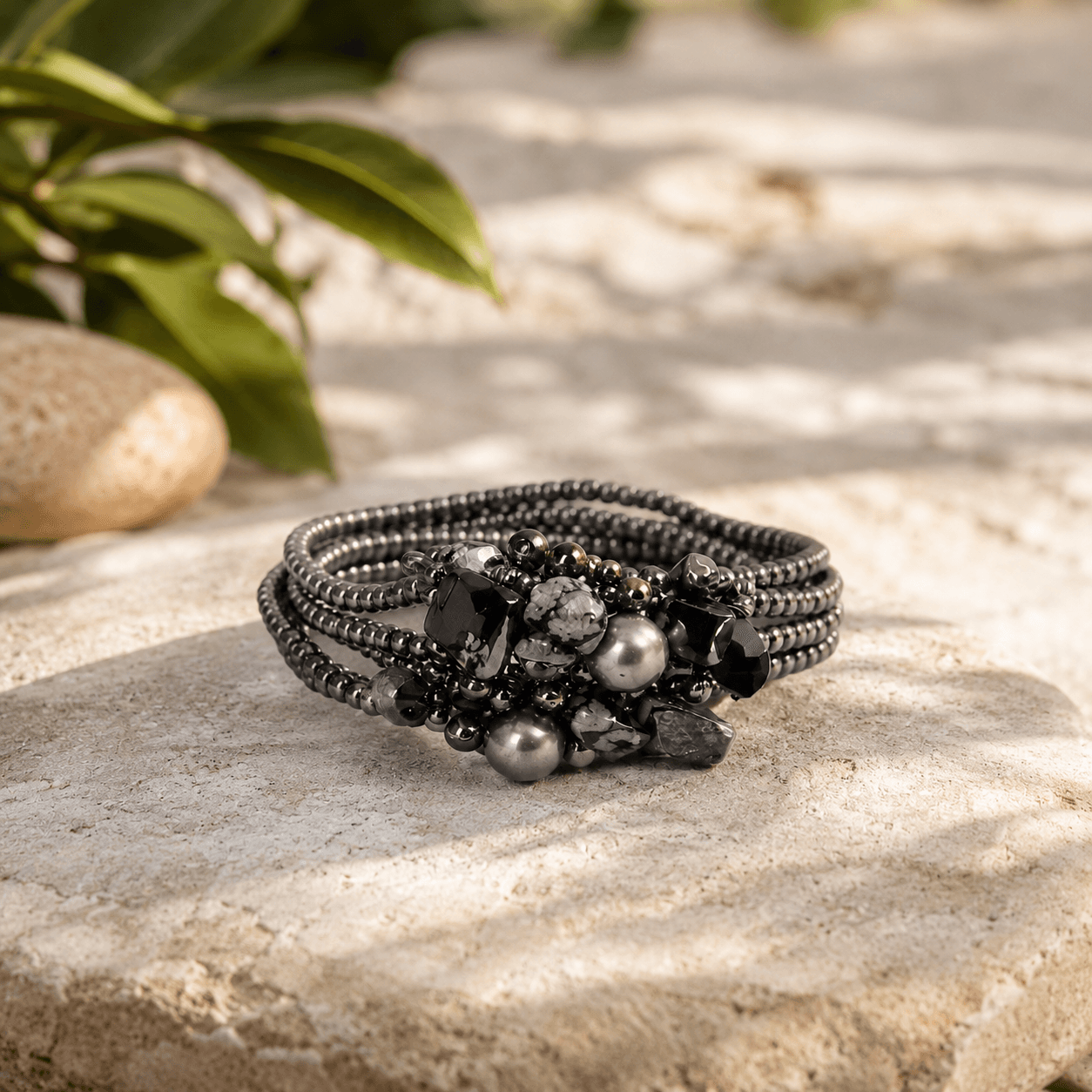 Cuff Bangle 1.654 (Black Obsidian & Grey)