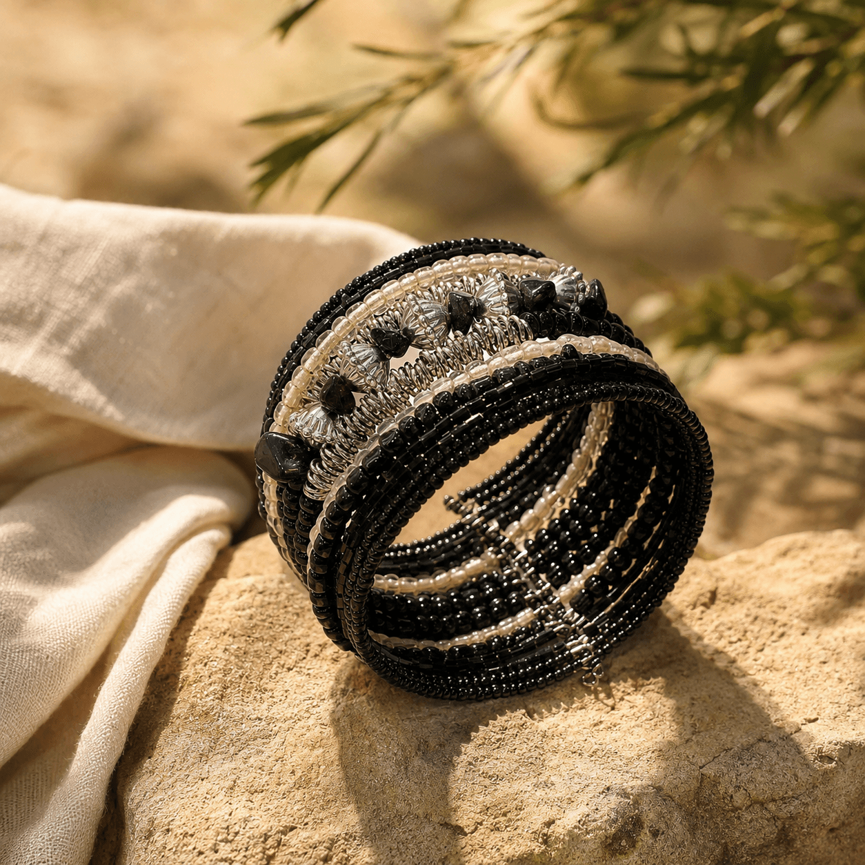Cuff Bangle 1.654 (Black, Cream & Silver)