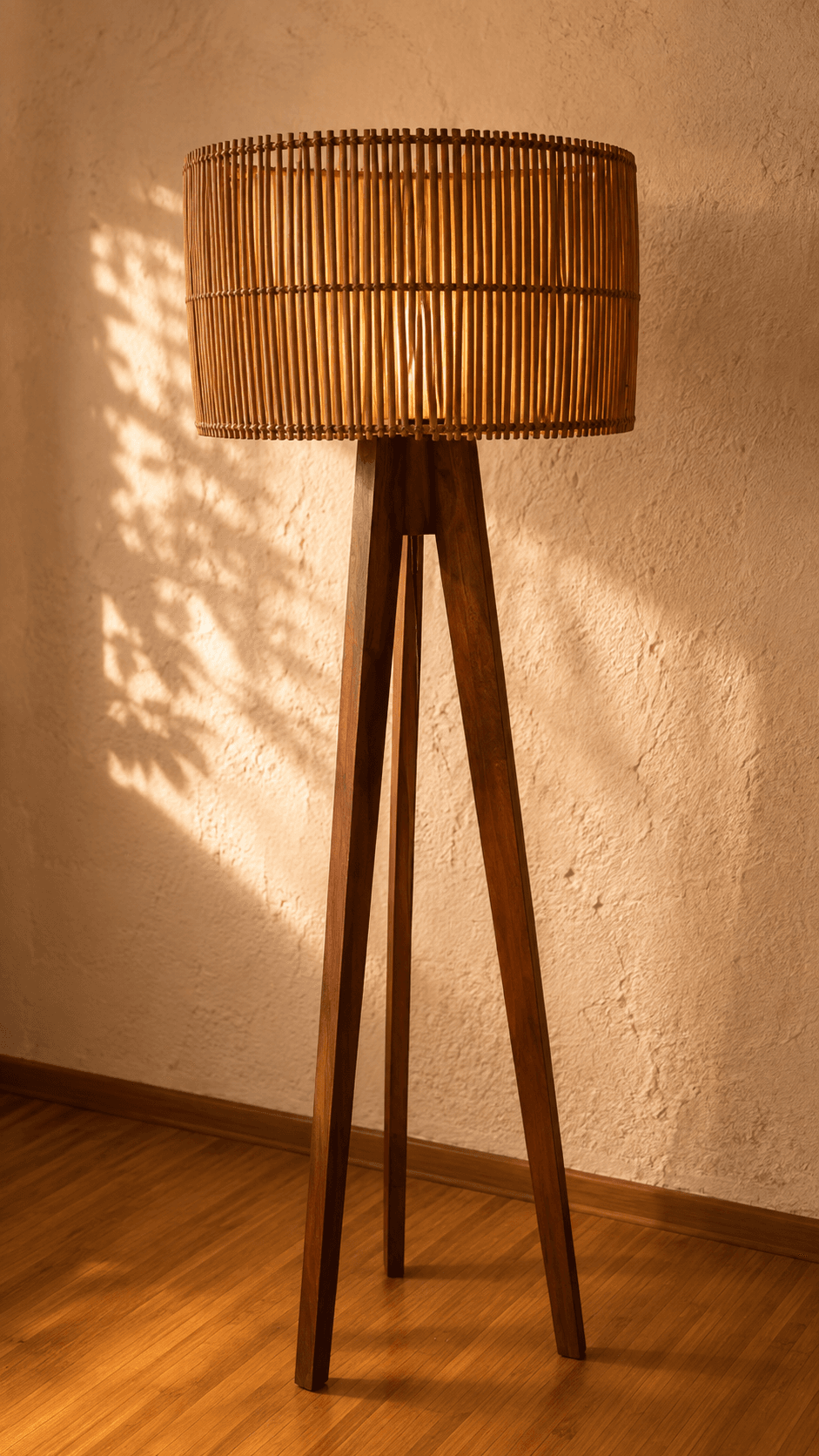 Rattan Drum Shade Tripod Floor Lamp