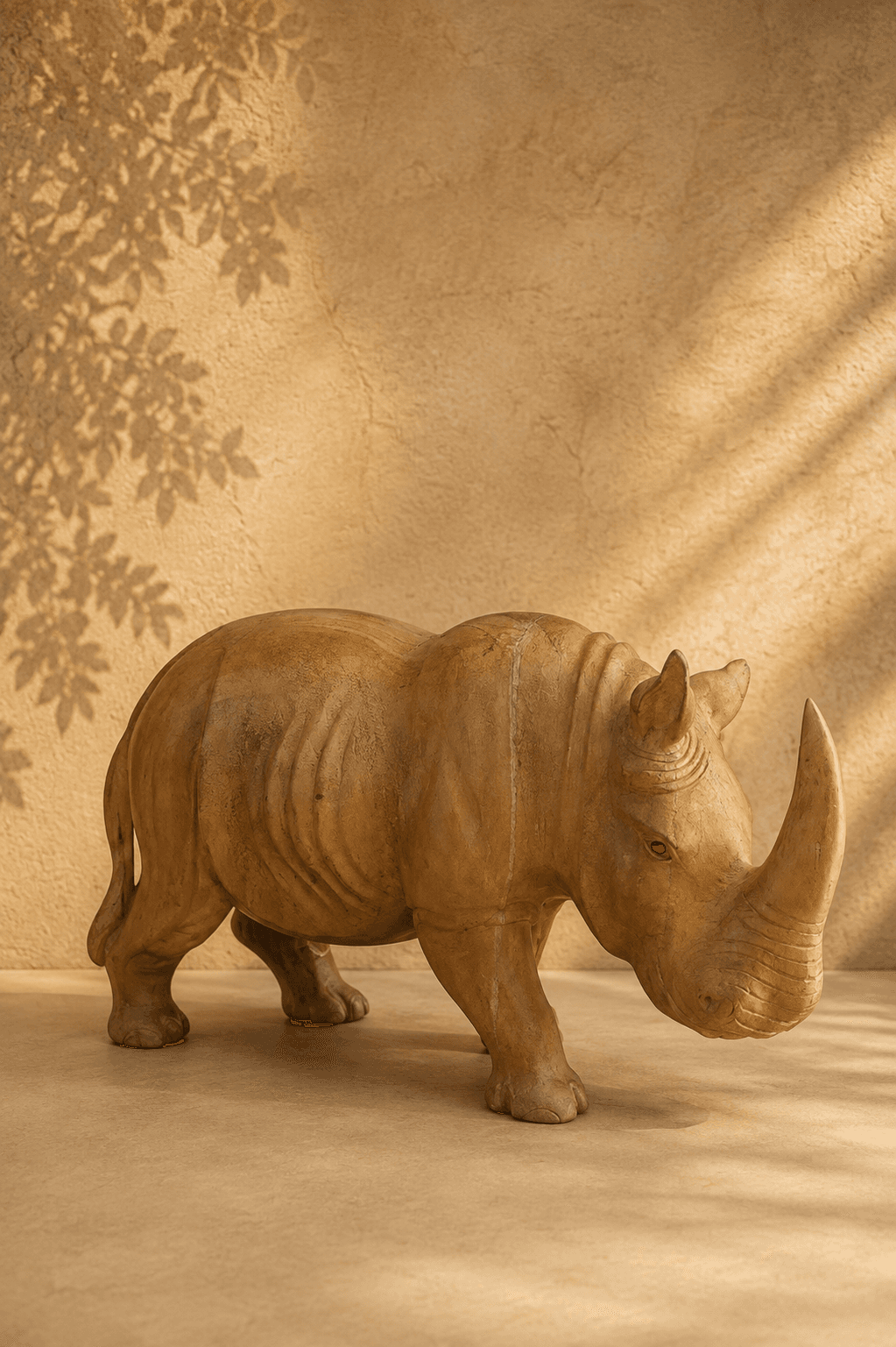 Hand-Carved Grazing Wooden Rhinoceros Sculpture — view 2