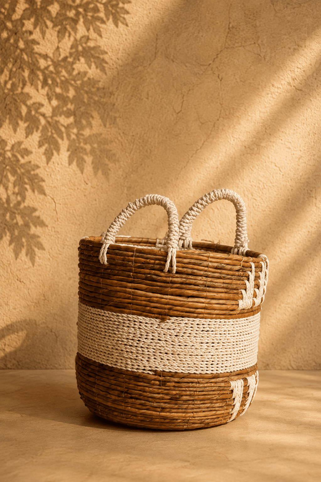 Woven Basket with Rope-Spike Trim — Medium