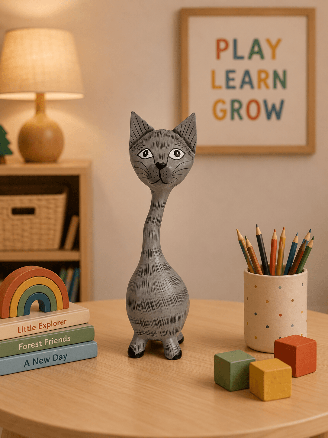Long-Neck Cat Wooden Figurine
