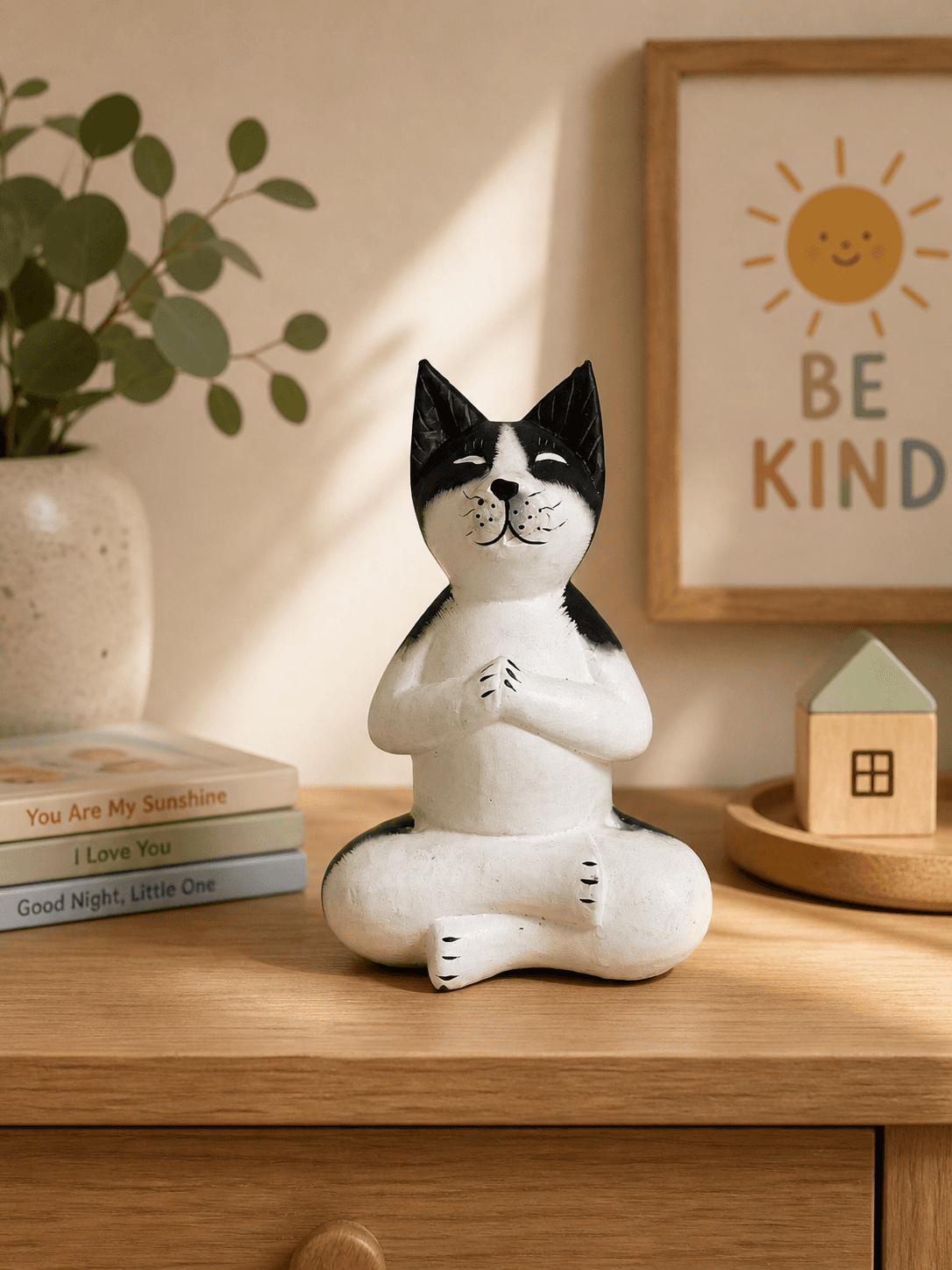 Meditating Yoga Cat Wooden Figurine