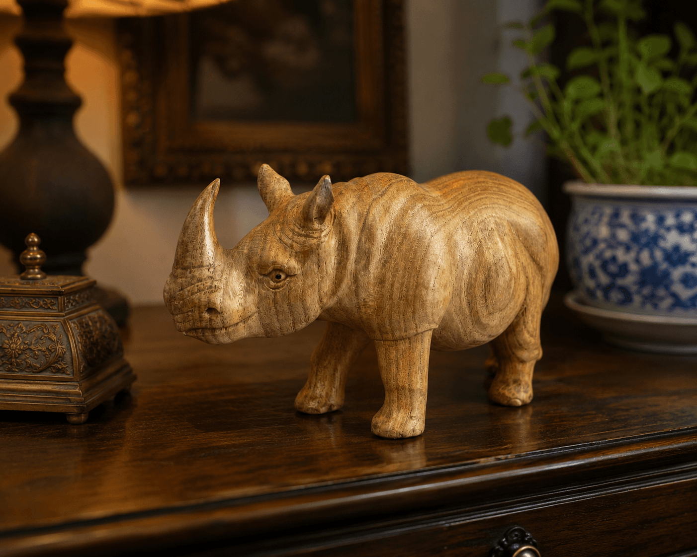 Hand-Carved Natural Grain Wooden Rhinoceros Sculpture
