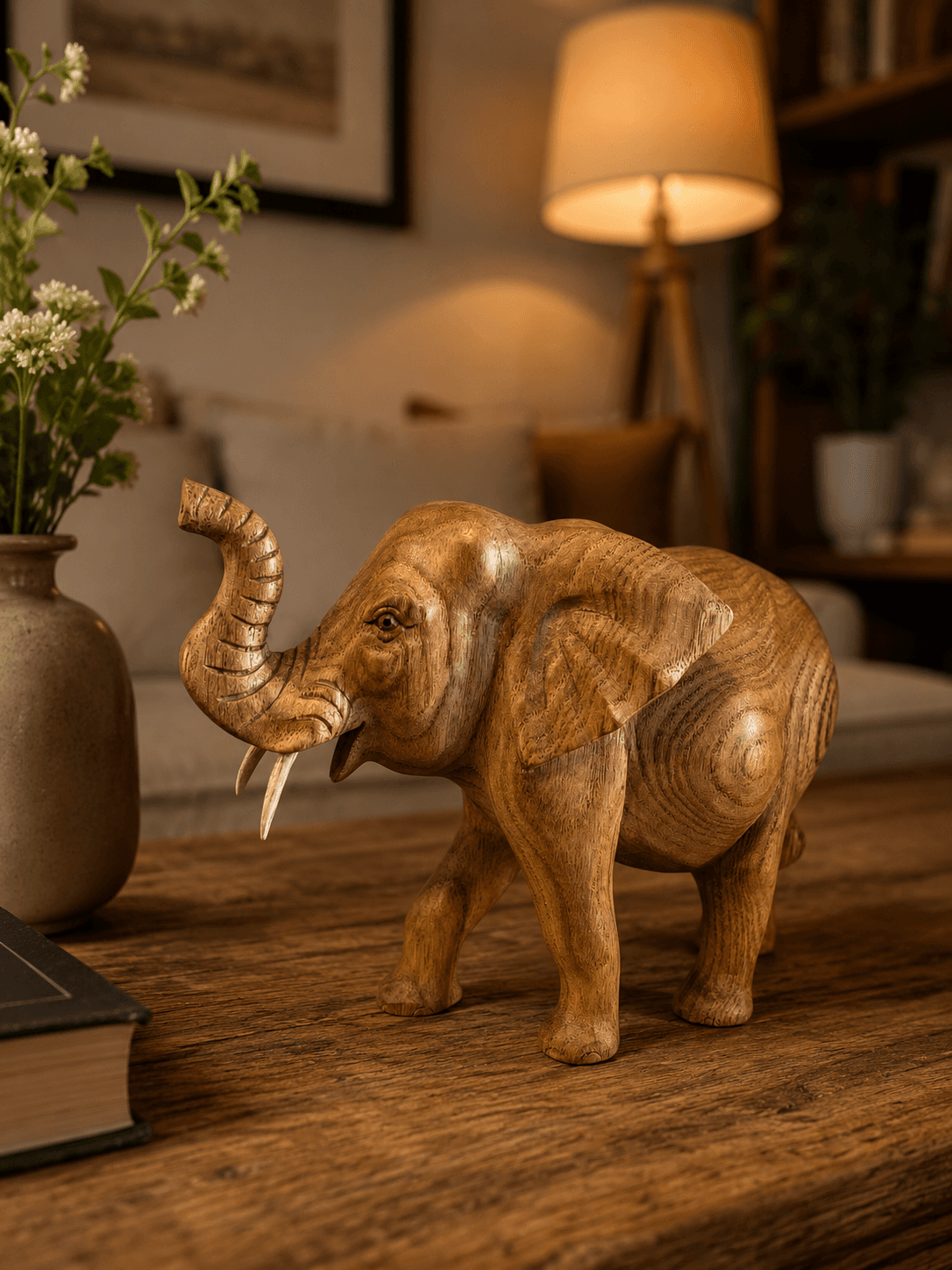Hand-Carved Trunk-Up Natural Grain Wooden Elephant Sculpture