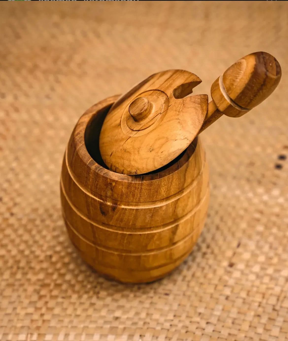 Hand-Turned Barrel-Style Wooden Honey Pot with Dipper Set