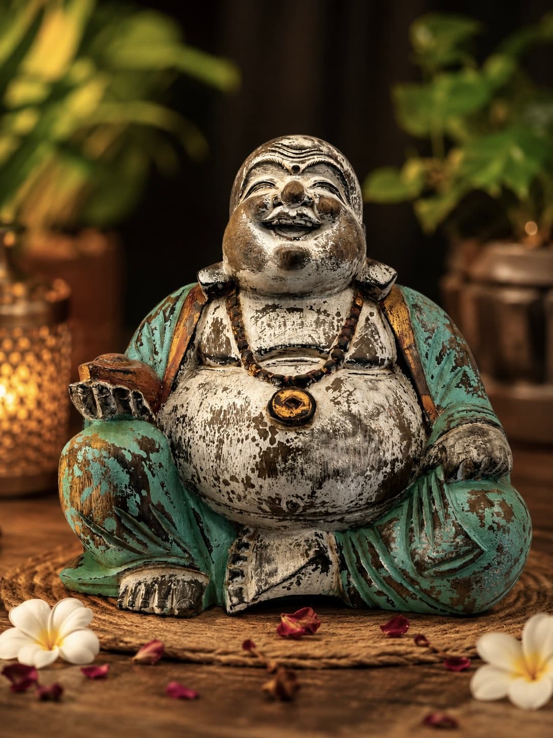 Laughing Buddha Wooden Sculpture – 16×16×16 cm