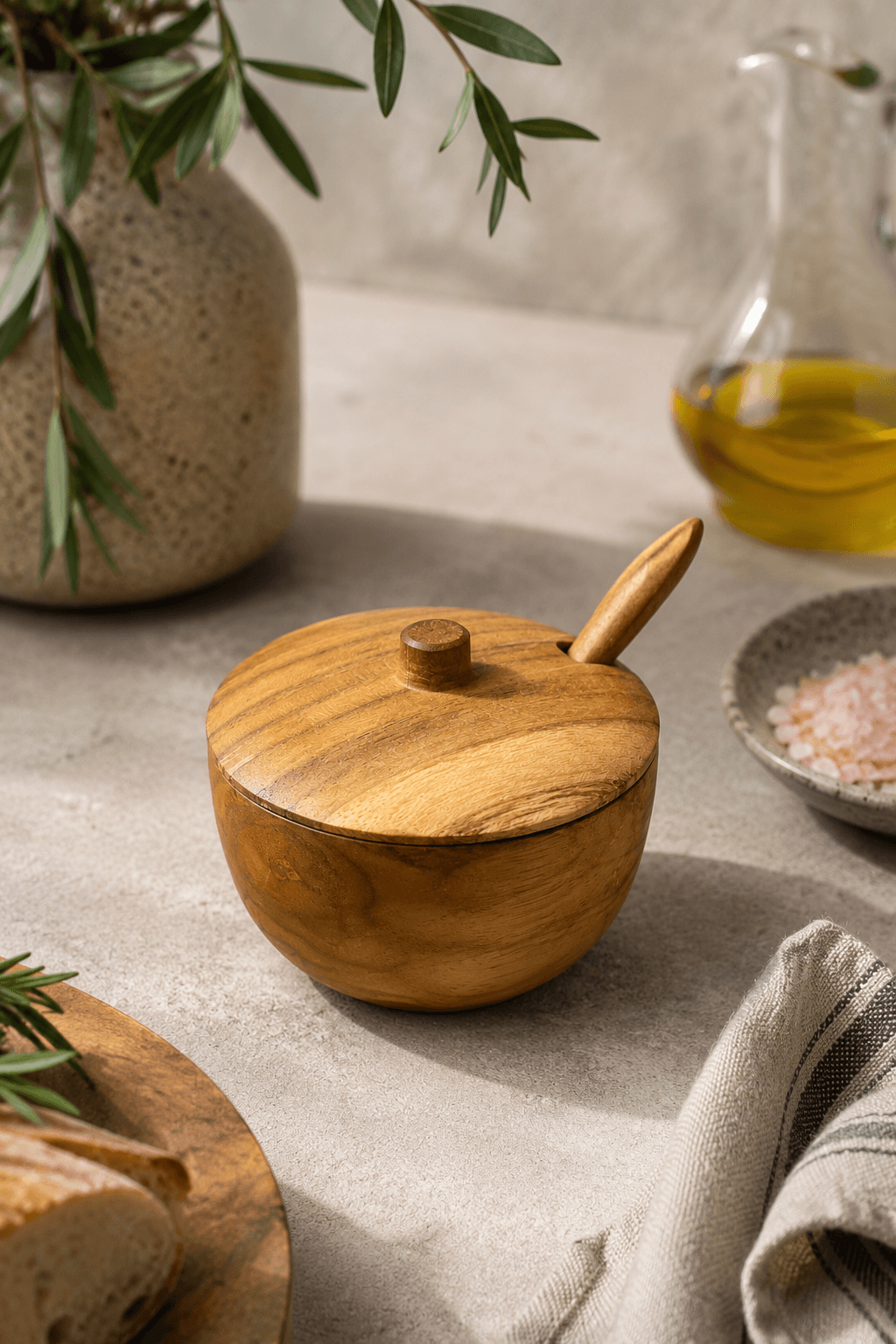 Wooden Salt Holder with Spoon