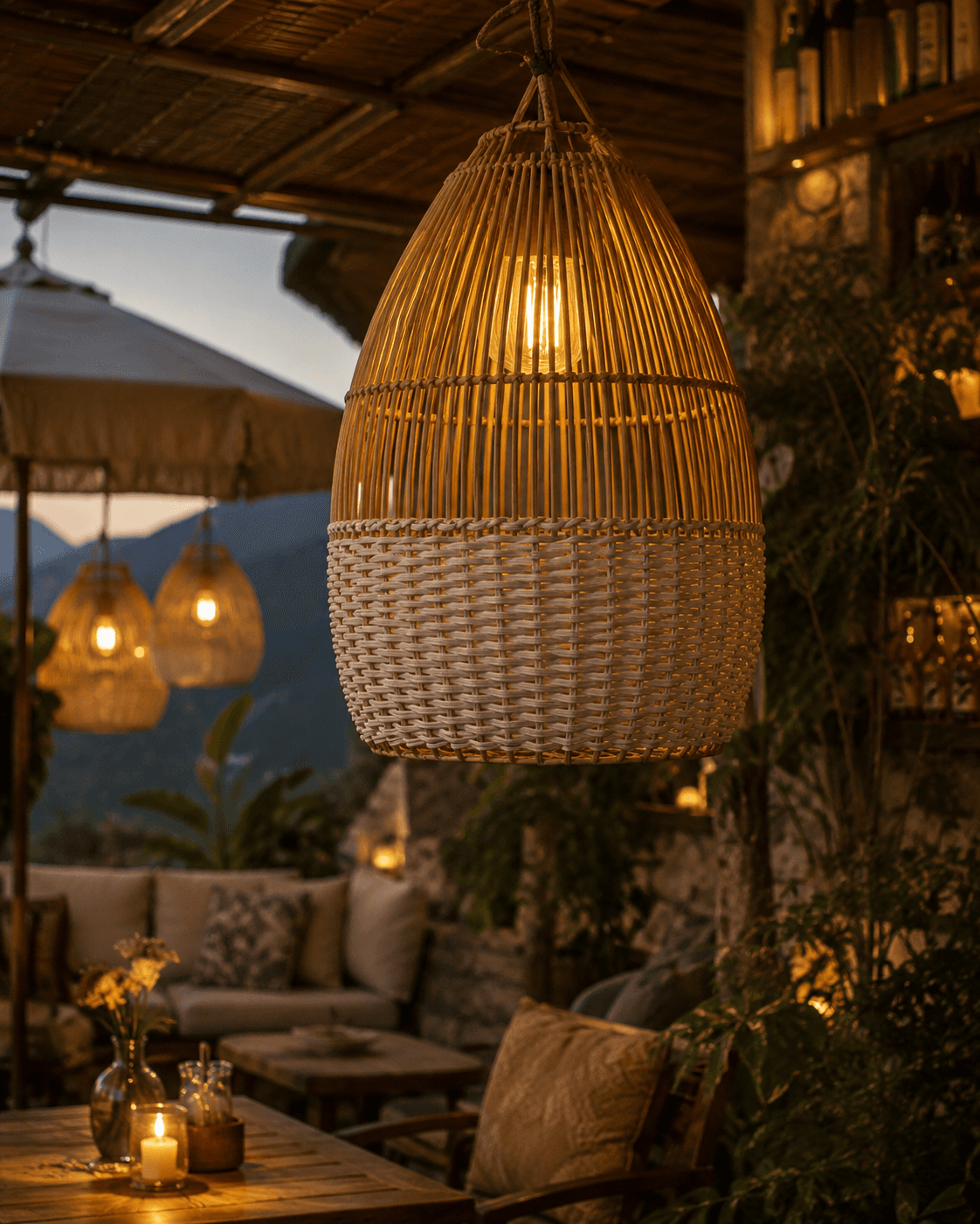 Two-Tone Woven Rattan Bell Pendant Light