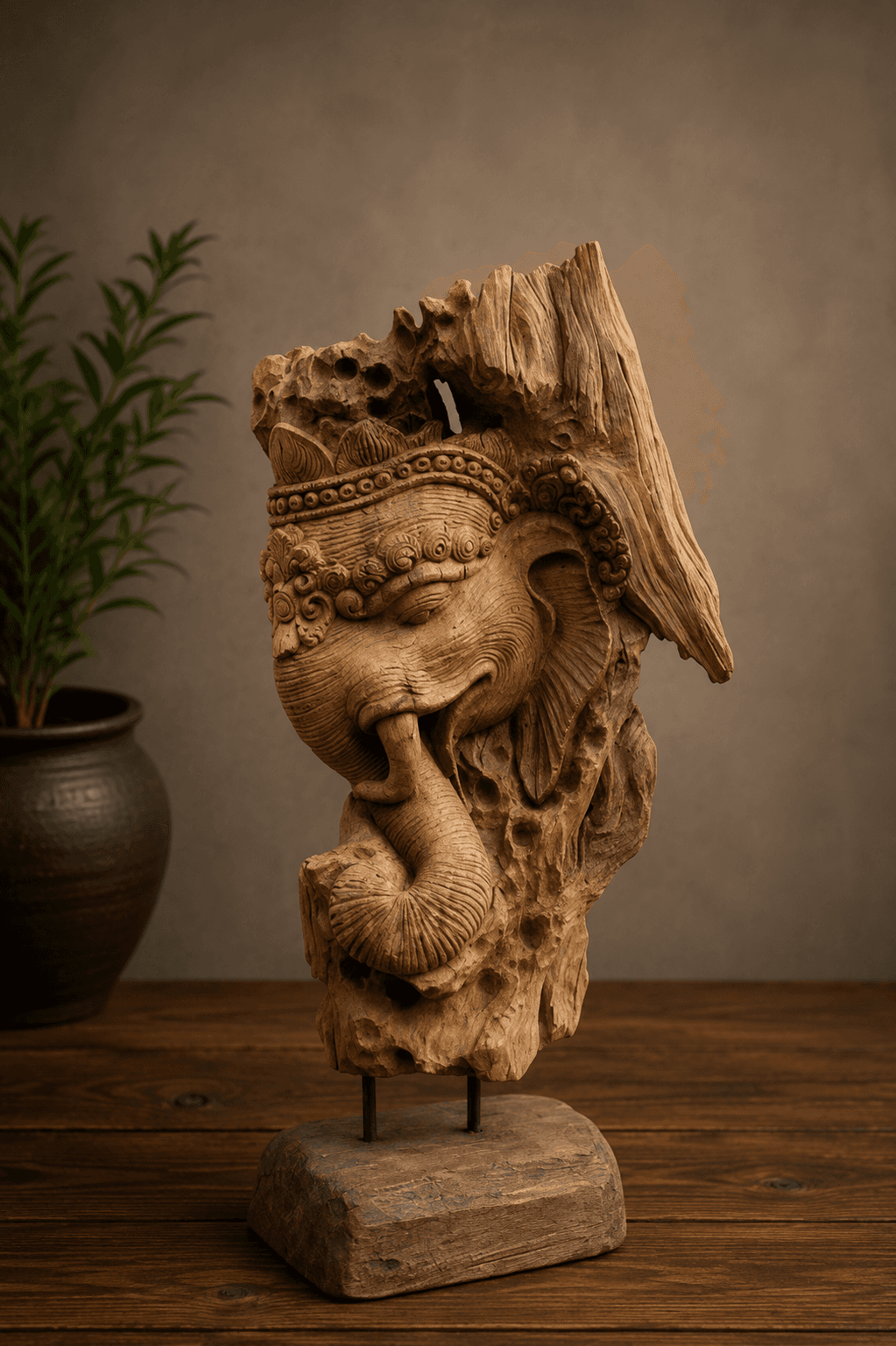 “ArdhaDarshana Vinayak” Hand-carved Wooden Ganesha Statue