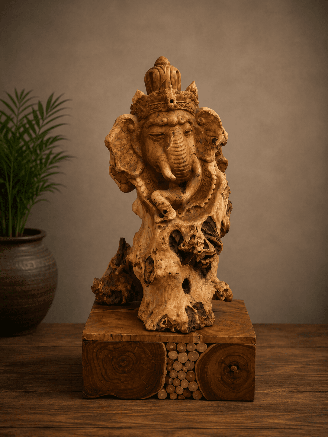"AnantaVriksha Ganapati" Hand-carved Wooden Ganesha Statue