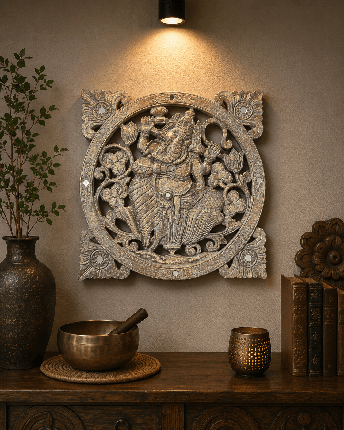 “PadmaMandala Ganesha” Hand-carved Wooden Wall Panel