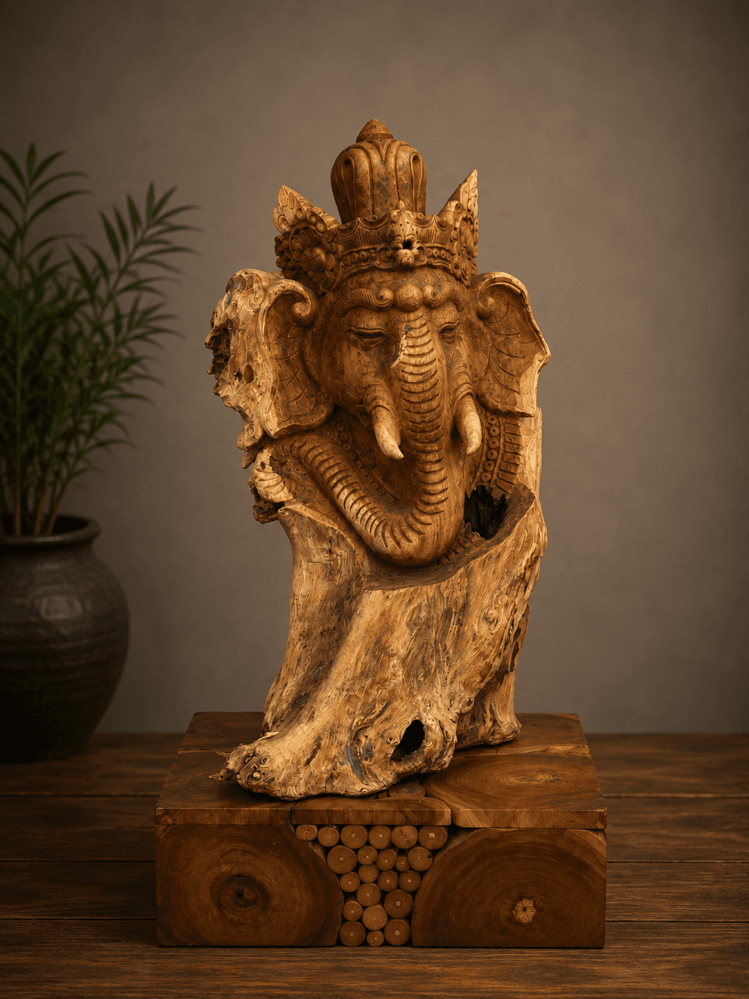 "RudraKastha Vinayak" Hand-carved Wooden Ganesha Statue