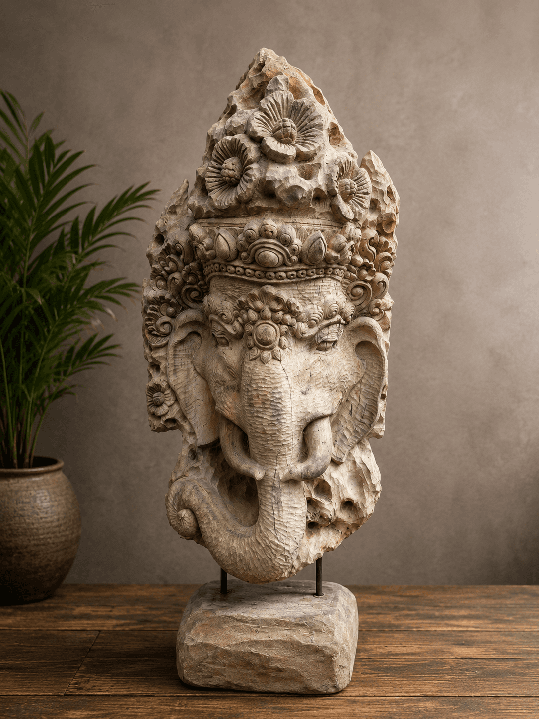 “PushpaMala Ganapati” Hand-carved Wooden Ganesha Statue