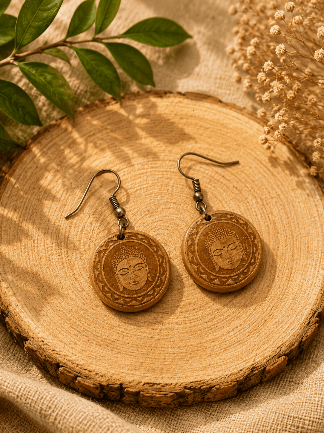 Handmade Wooden Earrings - Buddha Face