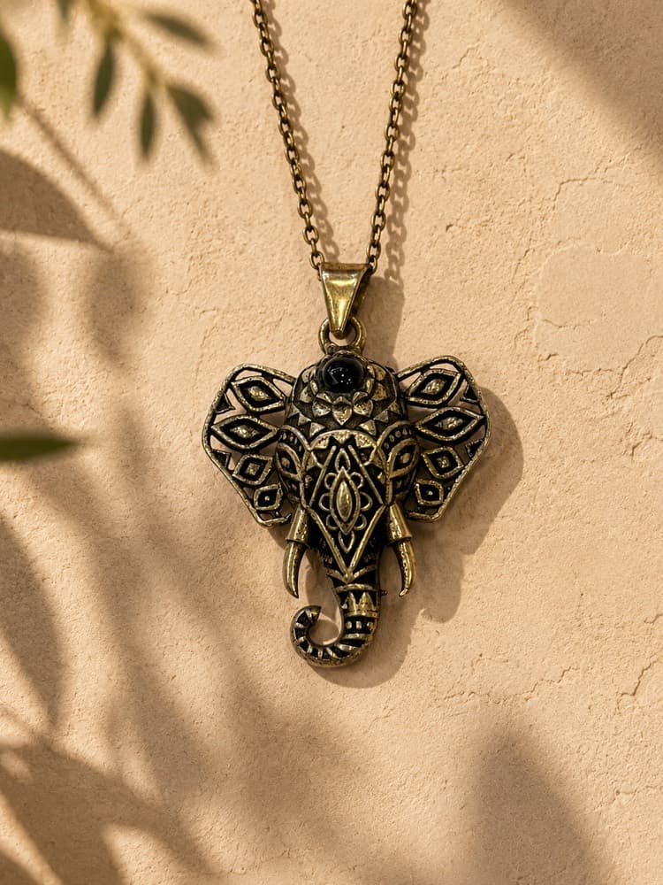 Ornate Elephant Head Pendant Necklace (polished brass)